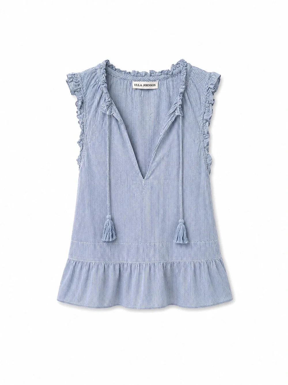 Ulla Johnson Light Blue Pinstripe Tassel Ruffle V-Neck Camisole